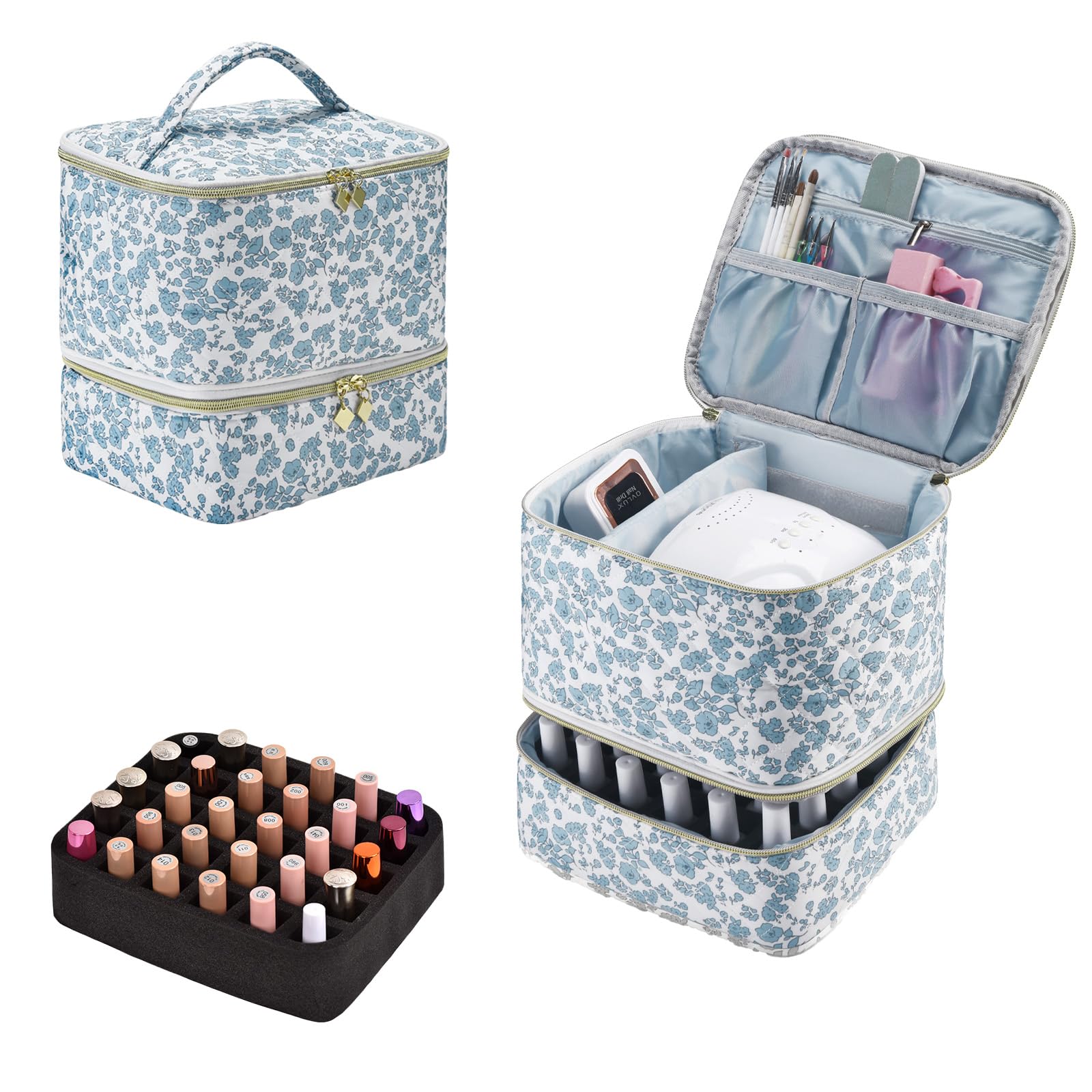 ZFZGFRCS Upgraded Nail Polish Organizer Case - Holds 30 Bottles and 1 Nail Light, Double-layer Nail bag Organzier Case Nail Polish Storage Bag with Handles (Blue-Flower)