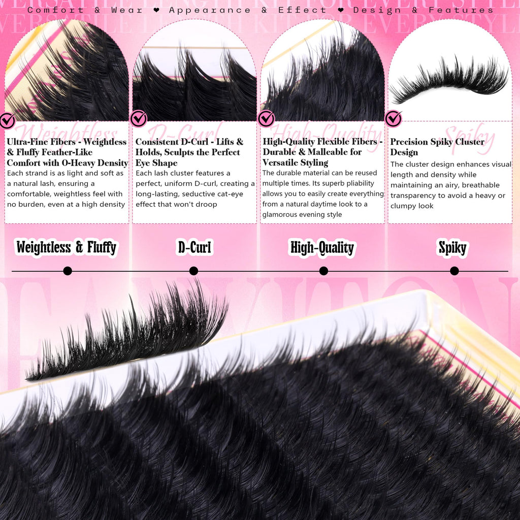 Volume Lash Clusters with Spiky Manga Lash Clusters 300D Eyelash Clusters 10-18MM Thick Wispy D Curl Cluster Eyelash Extensions 3D Fluffy Cluster Eyelash Extensions by FANXITON