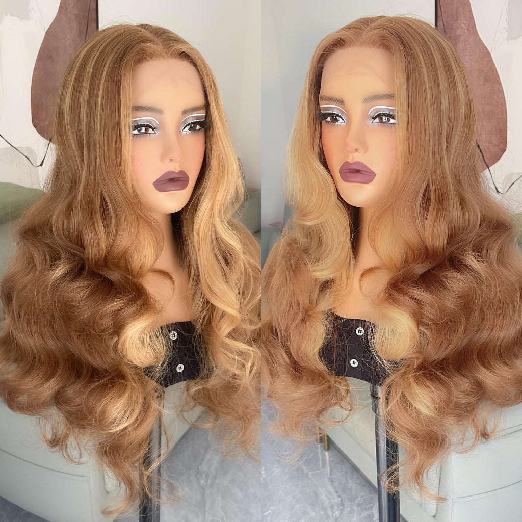ZAVIDE Honey Blonde Lace Front Wig Body Wave Synthetic Wig Highlight Wigs For Women 180% Density Transparent Lace Frontal Wigs