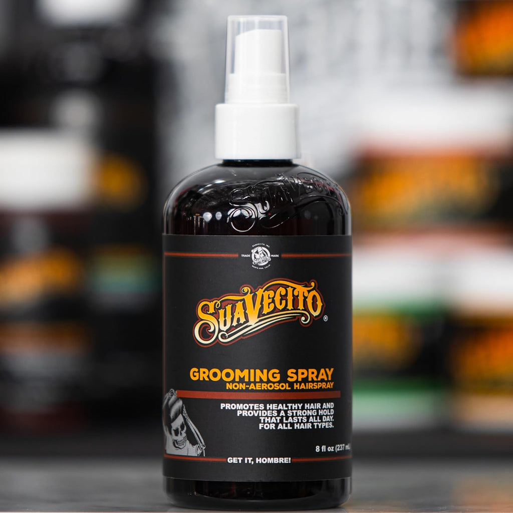 Suavecito Grooming Hairspray for Men - 8 oz Non-Aerosol, Classic Barber Scent, Strong Hold & Medium Shine