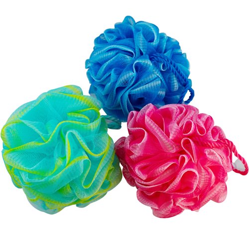 Spa Savvy Bath Loofah Set, 3 Pack Shower Pouf Body Sponges with Suction Cups, Exfoliating Bath Accessories for Men and Women, Multicolor