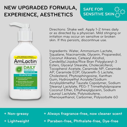 AmLactin Daily Nourish - Therapeutic Face and Body Lotion for Dry Skin - No-Scrub Exfoliator and Moisturizer with 5% Lactic Acid AHA, Safe for Sensitive Skin, 7.9 oz (Packaging May Vary)