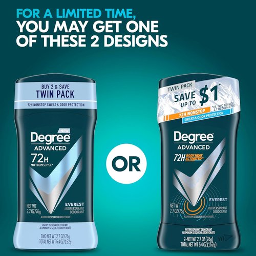 Degree Men Advanced Antiperspirant Deodorant - 72-Hour Sweat & Odor Protection | Body Heat Activated, 2.7 oz (2 Count)