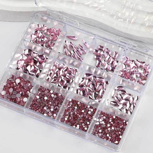 Cycullinyt 1660Pcs Pink Nail Art Rhinestones: 8 Types of Multi Shapes Diamonds + 4 Sizes Flatback DIY Crafts Rhinestone Crystals 3D Glass Stones Set + Tweezer + Pickup Pen