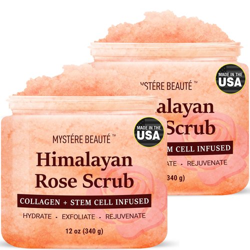 MYSTÉRE BEAUTÉ Himalayan Salt Body Scrub 12 oz each Twin Pack - with Collagen and Stem Cells - Exfoliating Salt Scrub for Cellulite - Deep Cleansing for Acne, Scars, Wrinkles - Moisturizes Skin