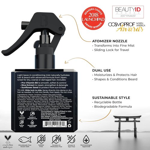Blackwood For Men Hair & Beard Hydrator Spray - Natural Leave-In Conditioner for Moisturizing & Styling - 4 oz Vegan Grooming Essential
