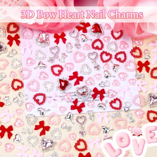 Valentine's Day Nail Charms，Pink Colors Red Bows Hollow Rhinestones for Acrylic Nails , 3D Dangle Heart Nails Charm, Bowknot Heart Silver Y2K Jewelry Charms for Nail Art DIY