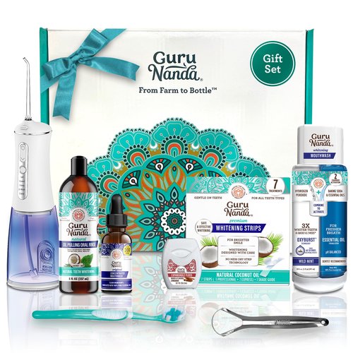 GuruNanda 7-Step Regimen 1.0 - Oil Pulling, Toothbrush, Tongue Scraper, Floss, Water Flosser, Mouthwash, Whitening Strips for Complete Oral Care (Pack of 8)