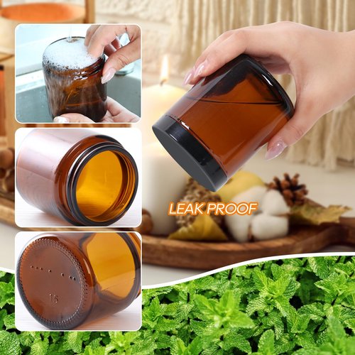 2 Pack 8 oz Amber Glass Jars with lids, Cosmetic Jars with Inner Liners and Black Lids, Lotion Jars, Candle Making Jars for Lotions, Scrubs and Cosmetic, Lables and Spatulas Include
