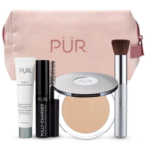 PÜR Minerals Multitasking Essentials Kit - 4-in-1 Primer, Mascara, Powder & Brush Set