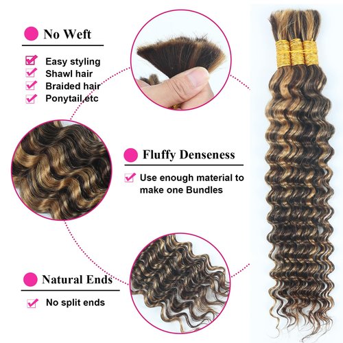 Highlight Human Braiding Hair for Boho Braids 110g Deep Water Wave Bulk Human Hair for Braiding Knotless 12A Curly Bulk Bohemian 3 Bundles P/430 Unprocessed Brazilian Ombre Extensions 18 Inch