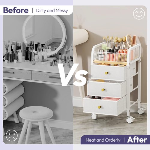 SWTYMIKI Rolling Makeup Organizer Cart - Floor Skincare Make Up Storage with 3 Non-woven Drawers, Vanity Organizer Cosmetic Display Cases Cabinet for Skin Care Perfume Nail Polish Brush Hair Tool