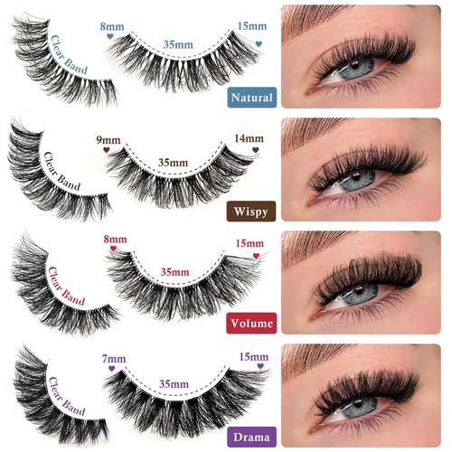 QUNETY Lashes False Eyelashes Cat Eye Lash Strips Variety Styles Clear Band Wispy Eyelash Pack 20 Pairs Fluffy Fake Strip Lash Bulk Natural Look Cateye Mink EyeLash Set Short Demi Wispies Pestañas