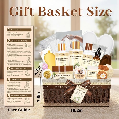 Jorceray 22PCS Valentines Day Spa Gift Baskets for Women, Luxury Bath and Body Gift Basket Set for Women Coconut Vanilla Spa Kit Relaxing Spa Self Care Gift for Her Wife Lover Mom Sister Friend