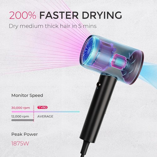 TYMO Diffuser Hair Dryer - 300 Million Ionic Technology, Lightweight Travel Blow Dryer for Curly Hair, Black