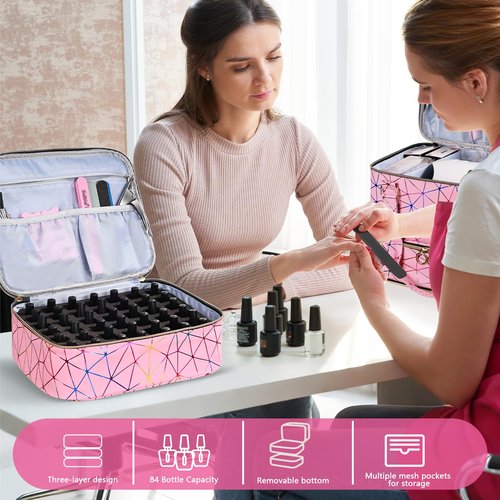 QIYFDDF Nail Polish Organizer Bag,3-layer Pink PU Leather Nail Organizer and storage,Holds 84 Bottles of Nail Polish and Nail Lamp,Large Holder Travel Carrying Case.