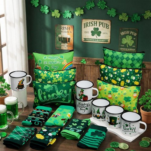 Singhoow 18 Pcs St Patrick's Day Gifts Set Happy St Patrick's Day Enamel Mugs Irish Shamrock Lucky Makeup Bags Green Clover Socks Bulk Party Favors Supplies for Women Coworkers Saint Patty's Decor