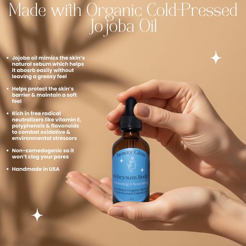 Beauty Glow Helichrysum Essential Oil for Skin Veins Bruises & Organic Jojoba Oil for Face & Body Moisturizer Pre-Mixed Skin Healing, Anti-Aging, Vegan, Hydrating & Moisturizing Body Oil Serum 2 oz