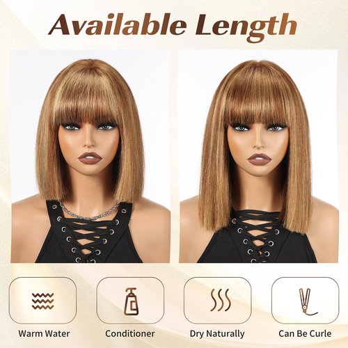 ELLORS 10 Inch Highlight Ombre Bob Wig Human Hair With Bangs Glueless 2x1 HD Lace Wigs, Short Wigs For Women Yaki Straight