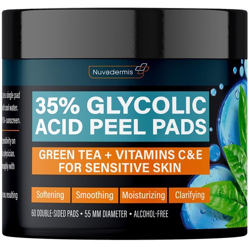 NUVADERMIS 35% Glycolic Acid Peel Pads - Exfoliating Facial Resurfacing for Blackheads & Dark Spots - 60 Double-Sided Pads