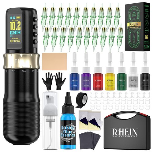 RHEIN Wireless Tattoo Gun Kit with 7 Adjustables Strokes Tattoo Kit Complete with Needles Cartridges, Inks and Tattoo Accessories RN-TKE602B-1
