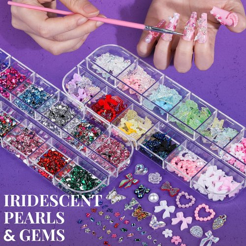 FANDAMEI Nail Charms and Nail Brushes, Nail Accessories Kit with 15 Pcs Nail Art Brushes, 6 Box Nail Charms and Gems, 10 Pcs Flower Nail Stickers, 5 Pcs Dotting Tools, Nail Art Kit with Nail Brush
