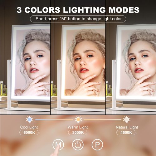 Hasipu Vanity Mirror with Lights, 12" x 14" LED Makeup Mirror, Light up Mirror with Smart Touch 3 Color Modes and Brightness Adjustment, 10X Magnifying Glass,360° Rotation
