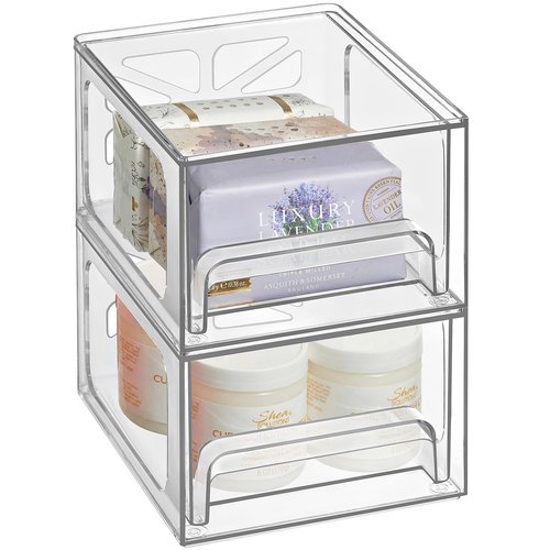 Oizeir Clear Stackable Storage Drawers - 2-Pack Acrylic Makeup Organizer Bins for Vanity, Bathroom, Countertop, Cabinet, or Kitchen - Perfect for Cosmetics, Office, and Small Item Organization