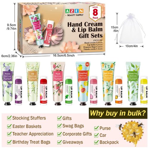AZEN 8 Sets Bulk Gifts, Hand Cream and Lip Balm Bulk Set with Organza Bag Thank You Card, Baby Shower Wedding Gifts for Guests, Bridal Wedding Favors, Valentines Gift for Women