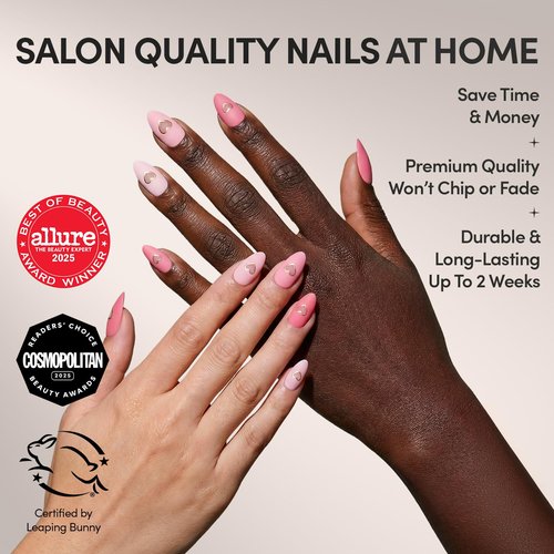 Glamnetic Press On Nails - Matte In Love | Short Almond Fake Nails with Metallic Gold Hearts | 30-Piece Kit in Mixed Pink Tones