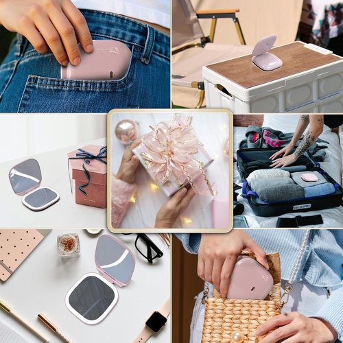 SmooEase Adjustable Brightness Compact Mirror, Lighted Travel Mirror with 1X/10X Magnifying,Double Sided,Mini Dimmable Portable for Handbag and Pocket, USB C Charging,for Girls Women(Pink)