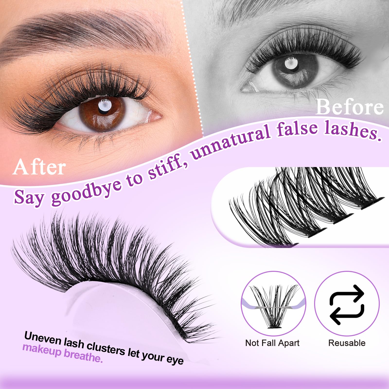 Wendy Lash Clusters Kit With Bottom Lashes 40D+50D+60D+80D+100D+150D 880-Pcs Fluffy Eyelash Clusters D Curl Lashes Extension Soft Eyelash Extension Kit Wispy Natural DIY at Home