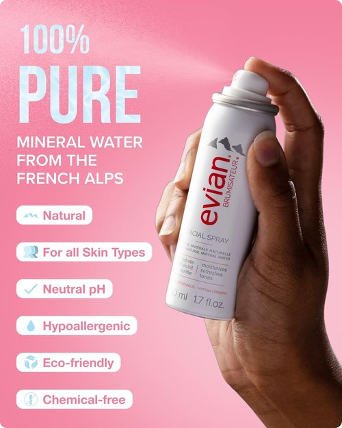 Evian Facial Spray 1.7 oz - Hydrating Mineral Water Mist for Refreshing Makeup & Toning Skin - TSA-Approved Travel Size