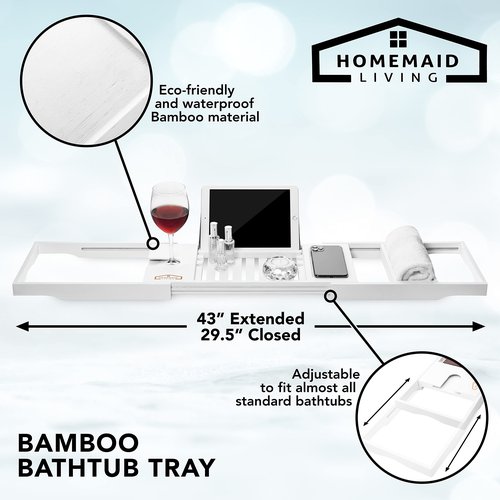 Homemaid Living Luxury Bamboo Bath Tray for Bathtub - Expandable Bathroom Caddy with Reading Rack or Tablet Holder, Premium Bath Tray with Wine Glass Holder, Fits All Bathtubs (White)