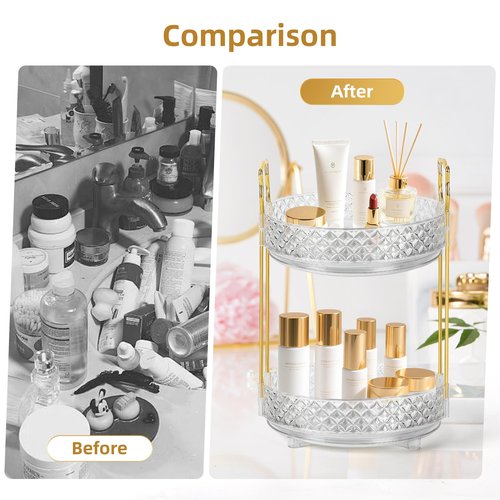LAREKUN 360 Rotating Makeup Organizer for Vanity, 2Tier Adjustable Perfume Organizer for Dresser, Multi-Function Spinning Cosmetics Skincare Storage for Bedroom, Dresser, Countertop, Clear