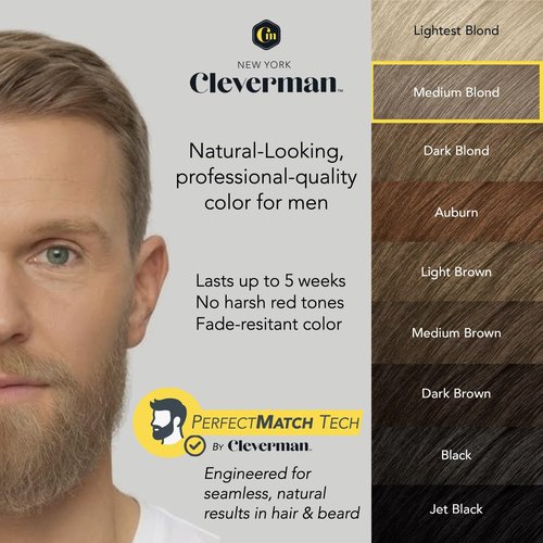 2X Reusable Hair & Beard Dye for Men – Medium Blond | Up to 10 Uses, 7 Minutes | Natural Gray Coverage, No-Drip Cream with SkinArmour® – Cleverman
