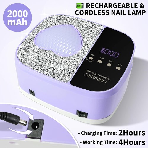 LIMEGIRL UV LED Nail Lamp Kit - Professional Fast Curing Purple Dryer with 4 Timer Settings | Cordless Rechargeable for Home & Salon Use