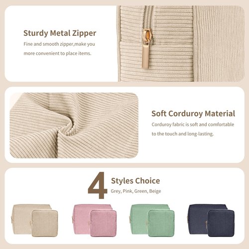 MAGEFY Makeup Bag 2 Pcs Corduroy Cosmetic Bag Small Makeup Bags for Women Travel Pouch with Slip-in Pockets（Beige）