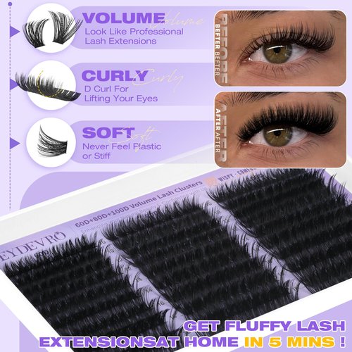 EYDEVRO Lash Clusters Kit 60D80D100D Volume Lash Extension Kit Wispy Cluster Eyelash Extensions Eyelash Extension Kit 10-18mm D Curvature Cluster Lashes with Lash Bond and Seal Tweezers Brushes