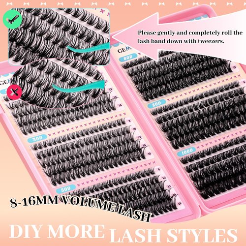 GEMERRY 565Pcs Lash Clusters D Curl Volume Eyelashes Clusters Extensions with Thin Band for DIY at home (30D+40D+50D+60D+80D+100D, 8-16mm)