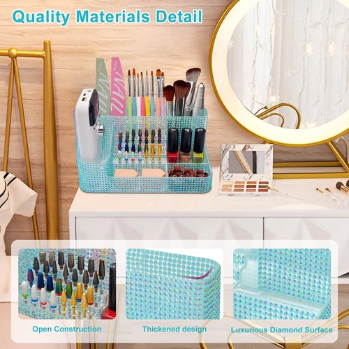 ANRUI Nail Drill Bit Holder, 28 Holes Plastic Nail Drill Machine & Bits Storage Case, Professional Nail Desk Organizer for Manicure Tools Gift for Women and Girls- Diamond Blue