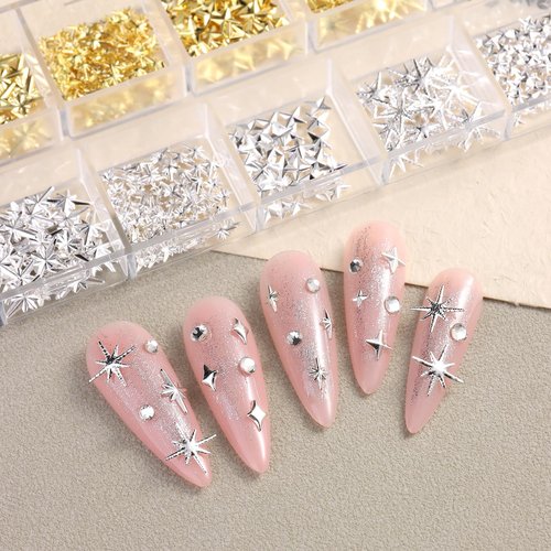 3D Star Nail Charms, Gold & Silver Mixed Styles Metallic Studs Rhinestones Stars and Mixed Sizes Mini Metal Caviar Beads, Nail Jewelry Decorations Manicure Supplies with Tweezers and Pick-up Pencil