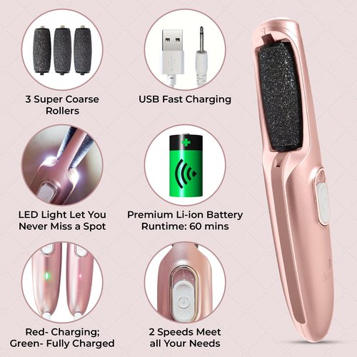 Powerful Electric Callus Remover Wand – Rechargeable Foot File, Grinder & Scrubber - Removes Dead, Hard Skin & Calluses – Best Pedicure Tool for Soft, Smooth Feet for Men & Women (Rose Gold)