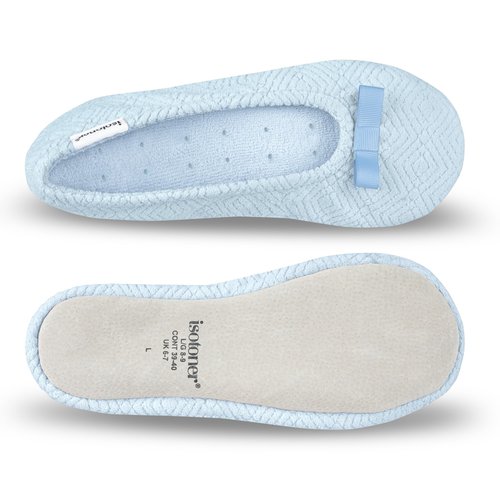 isotoner Women's Diamond Microterry Gemma Ballerina Slippers with Memory Foam Comfort and Genuine Suede Sole, Blue Fog Diamond, 5-6