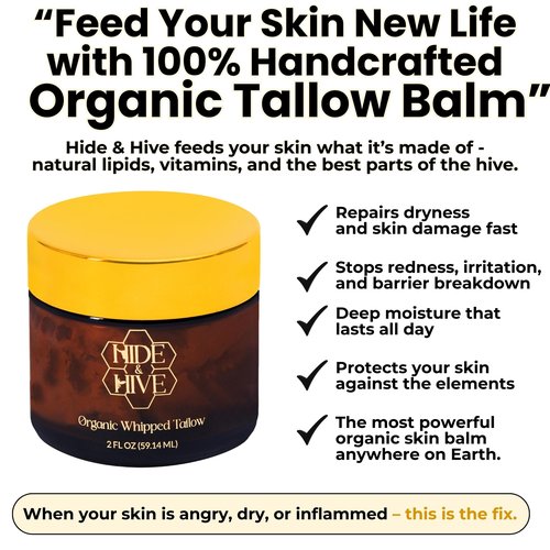 HIDE & HIVE Whipped Tallow Balm – Grass-Fed Moisture for Face, Body & Hands – Organic Beef Tallow for Skin with Royal Jelly & Propolis – Clean, Non-Greasy Balm for Dry, Sensitive Skin