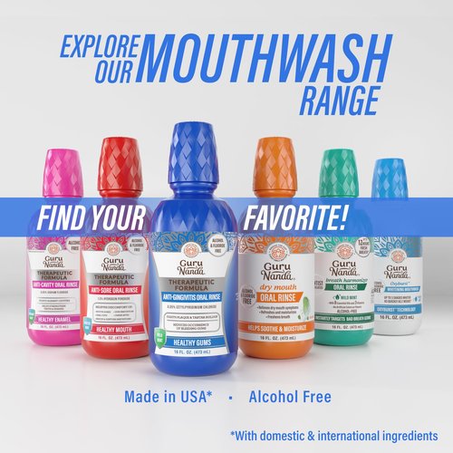 GuruNanda Therapeutic Anti-Gingivitis Oral Rinse with 0.05% CPC, Alcohol & Fluoride Free Mouthwash for Healthy Gums, Wild Mint Flavor, 2x16 oz