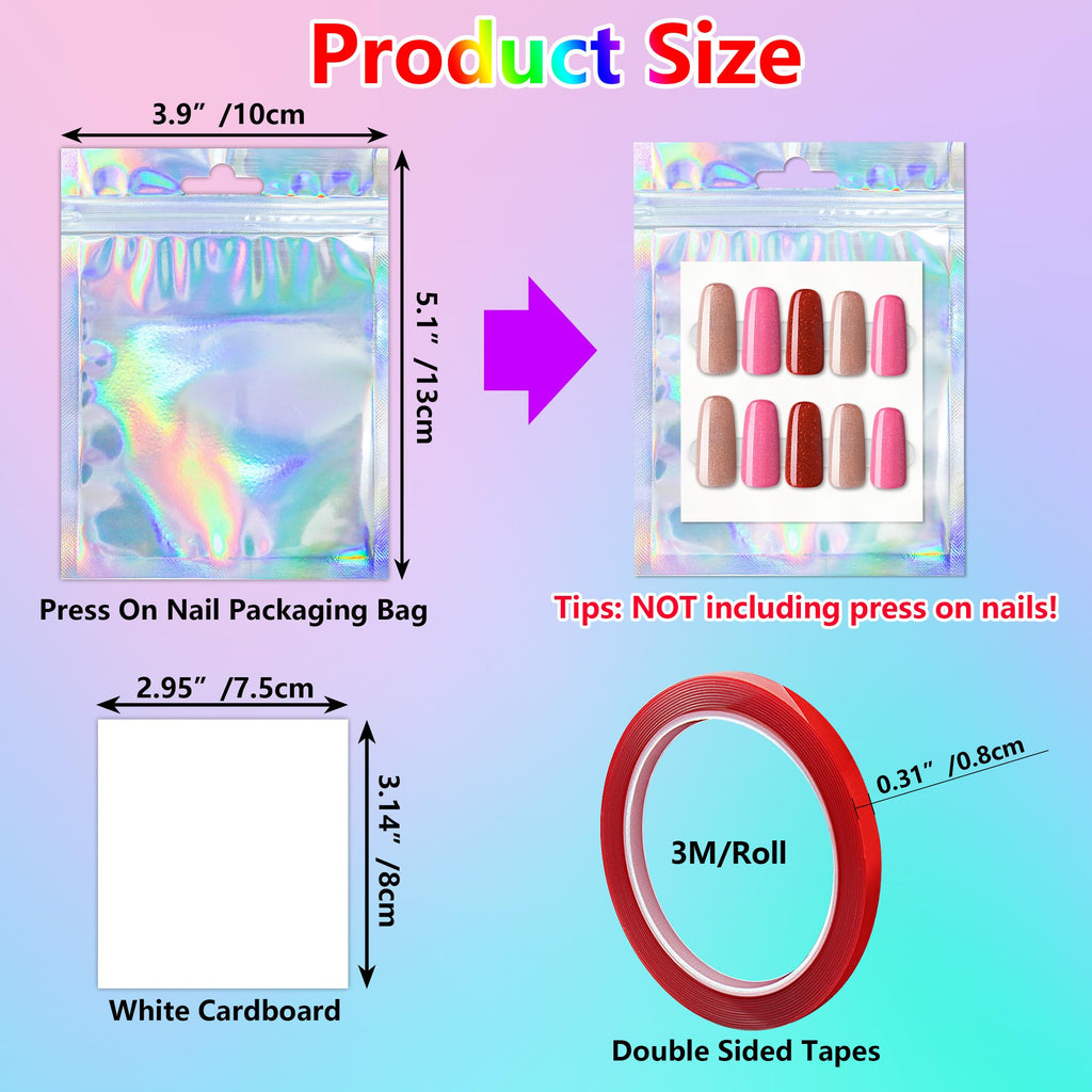 YHNTGB 100 Sets Empty Press on Nail Packaging Including Holographic Bags White Card and Transparent Tape for Manicurist Small Business Office Home