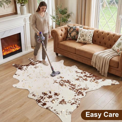 JONIYEAR Faux Cowhide Area Rug - Large 4.9 x 6.56 Feet | Premium Brown & Gold Print for Living Room & Bedroom Decor