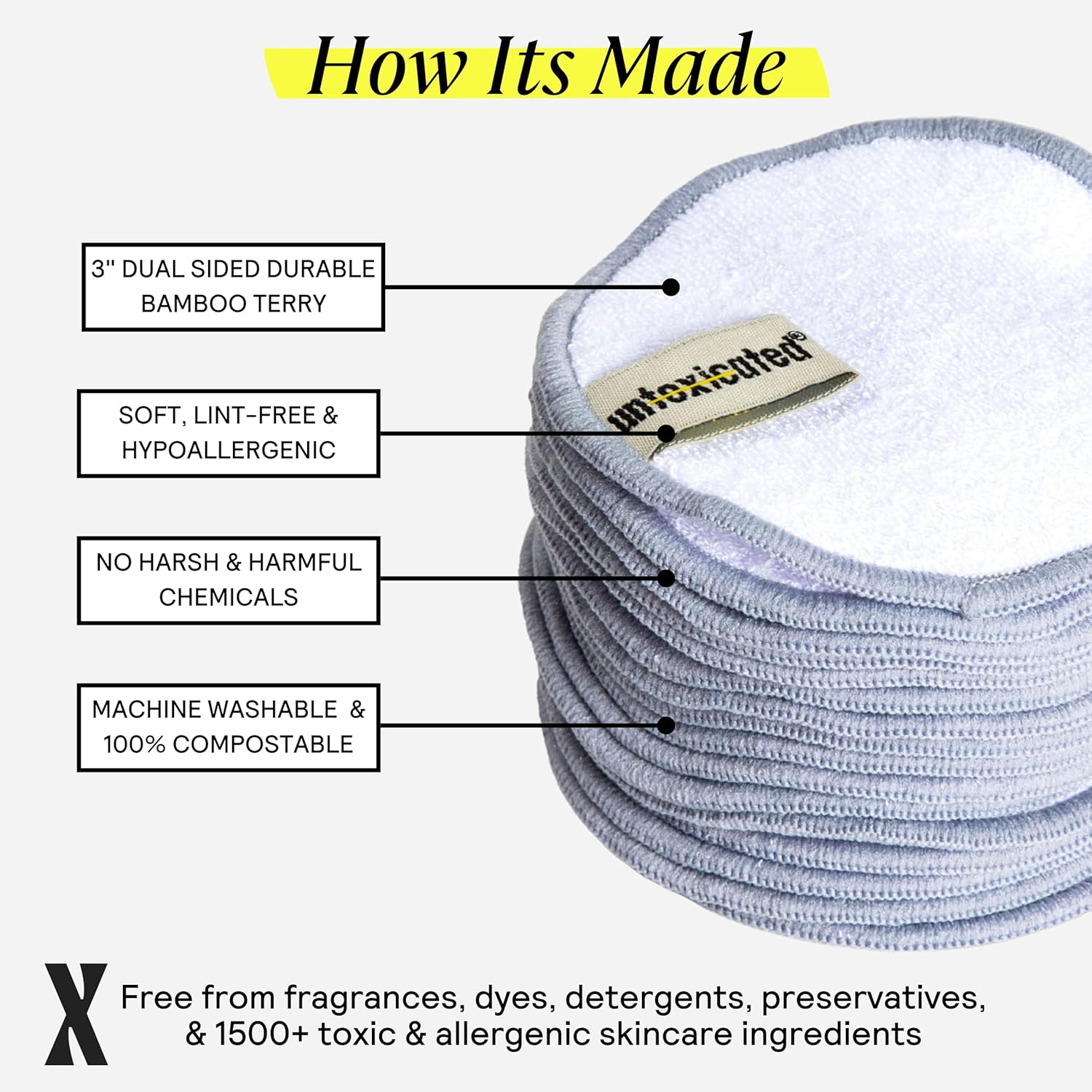 Untoxicated Ultra Soft Cleansing Pads - Reusable Bamboo Terry Rounds for Sensitive Skin - 10CT with Washable Storage Bag