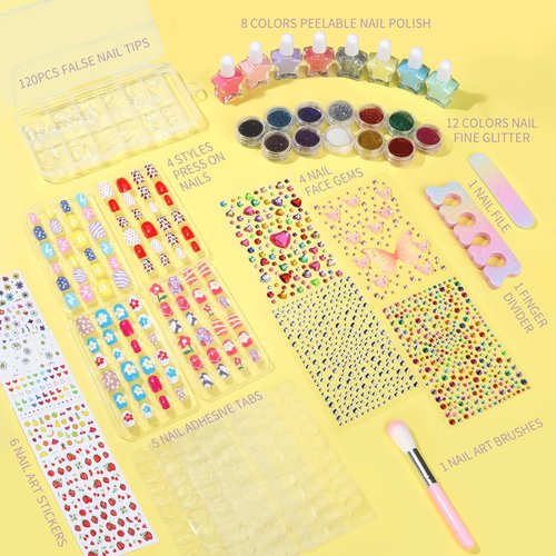 FANDAMEI Nail Kit for Girls, Press on Nails for Teens, Nail Polish Set for Girls, False Nail Tips for Teens, Nail Stickers, 3D Rhinestone Stickers Face Gems, Nail Glitter, Nail Art Tool Kit